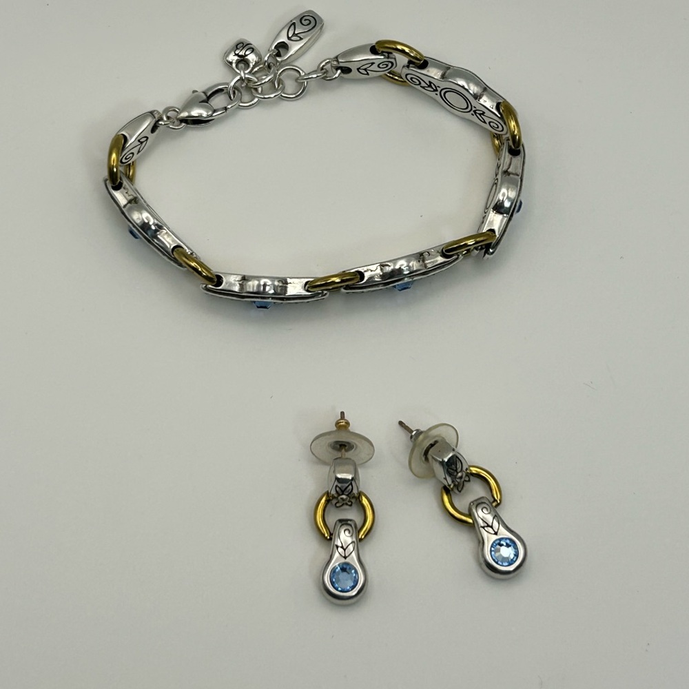 Brighton Celestial Blue Bracelet & Earrings Set Blue Crystals Two-tone Links - Picture 7 of 13